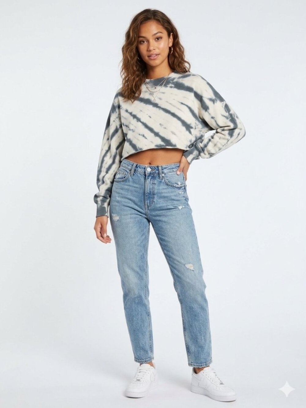Good American Cropped Tie-Dye Sweatshirt - White & Teal